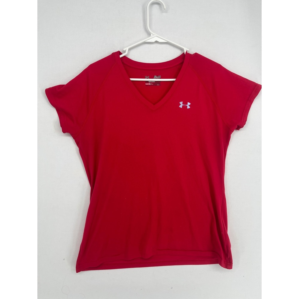 Under Armour HeatGear Shirt Womens Medium Red V-Neck Semi-Fitted Athletic Top
